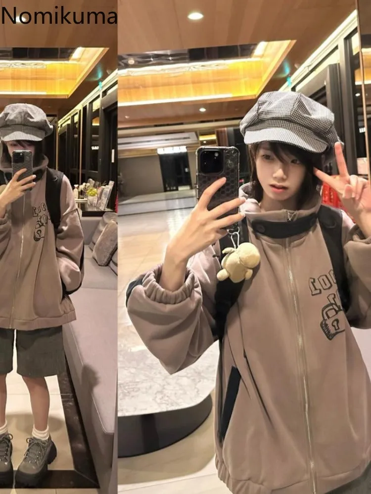 JazzHer Streetwear Pink Hoodie Women Thicked Stand Neck Zipper Jackets Y2k Tops Casual Fashion Print Oversized Sweatshirts Ropa Mujer