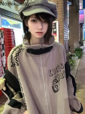 JazzHer Streetwear Pink Hoodie Women Thicked Stand Neck Zipper Jackets Y2k Tops Casual Fashion Print Oversized Sweatshirts Ropa Mujer