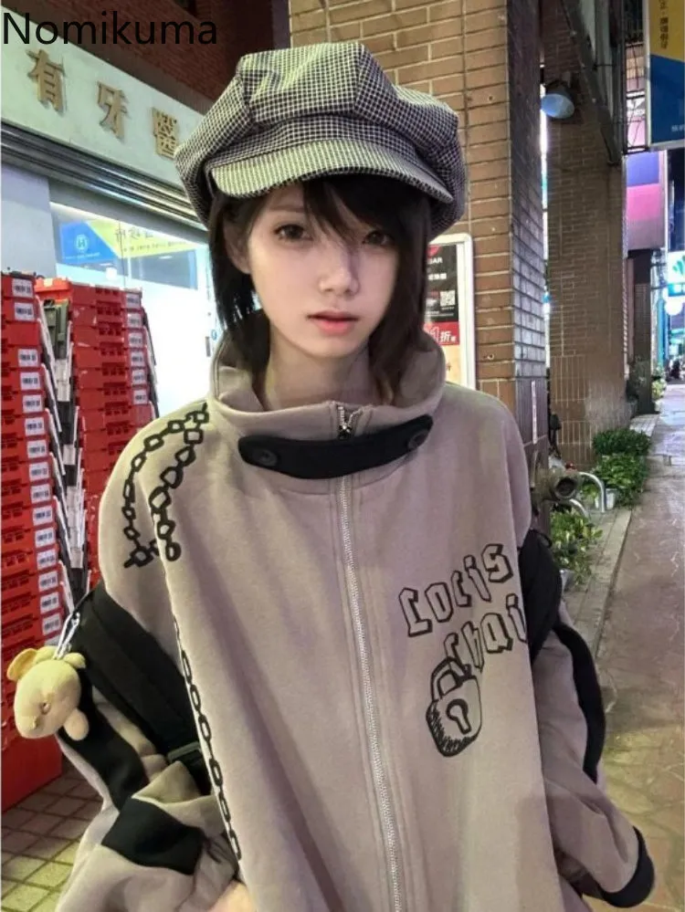 JazzHer Streetwear Pink Hoodie Women Thicked Stand Neck Zipper Jackets Y2k Tops Casual Fashion Print Oversized Sweatshirts Ropa Mujer