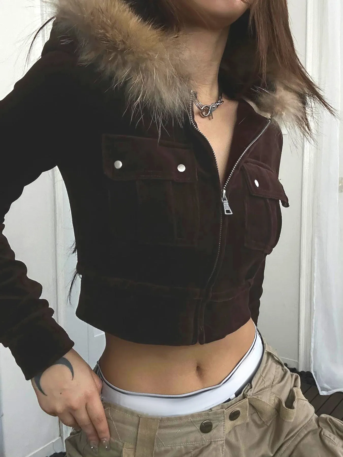 JazzHer Winter Warm Fur Collar Jackets Women Vintage Streetwear Cyber Punk Y2k 90s Mall Gothic Pockets Crop Coats Indie Clothes