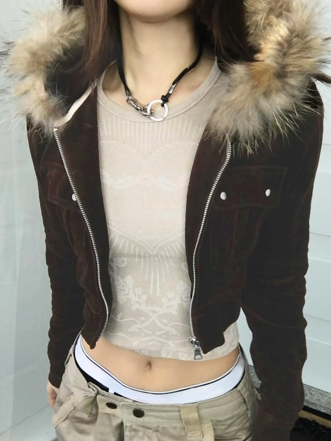 JazzHer Winter Warm Fur Collar Jackets Women Vintage Streetwear Cyber Punk Y2k 90s Mall Gothic Pockets Crop Coats Indie Clothes