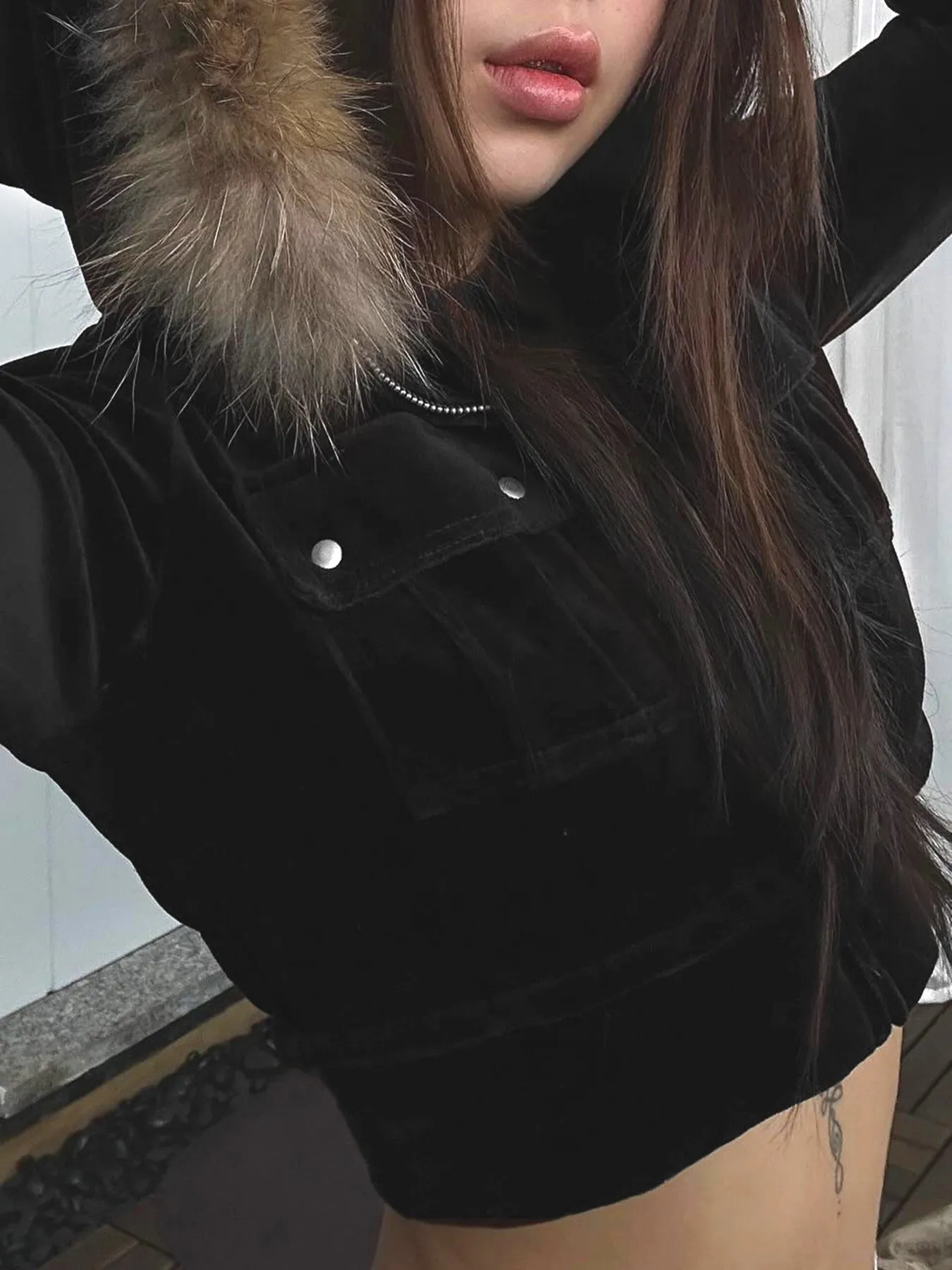JazzHer Winter Warm Fur Collar Jackets Women Vintage Streetwear Cyber Punk Y2k 90s Mall Gothic Pockets Crop Coats Indie Clothes