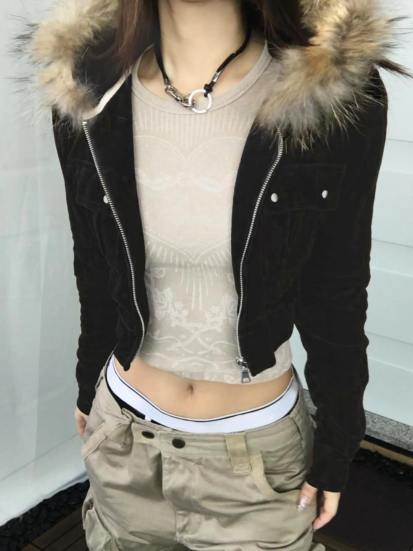 JazzHer Winter Warm Fur Collar Jackets Women Vintage Streetwear Cyber Punk Y2k 90s Mall Gothic Pockets Crop Coats Indie Clothes