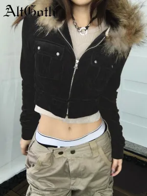 JazzHer Winter Warm Fur Collar Jackets Women Vintage Streetwear Cyber Punk Y2k 90s Mall Gothic Pockets Crop Coats Indie Clothes