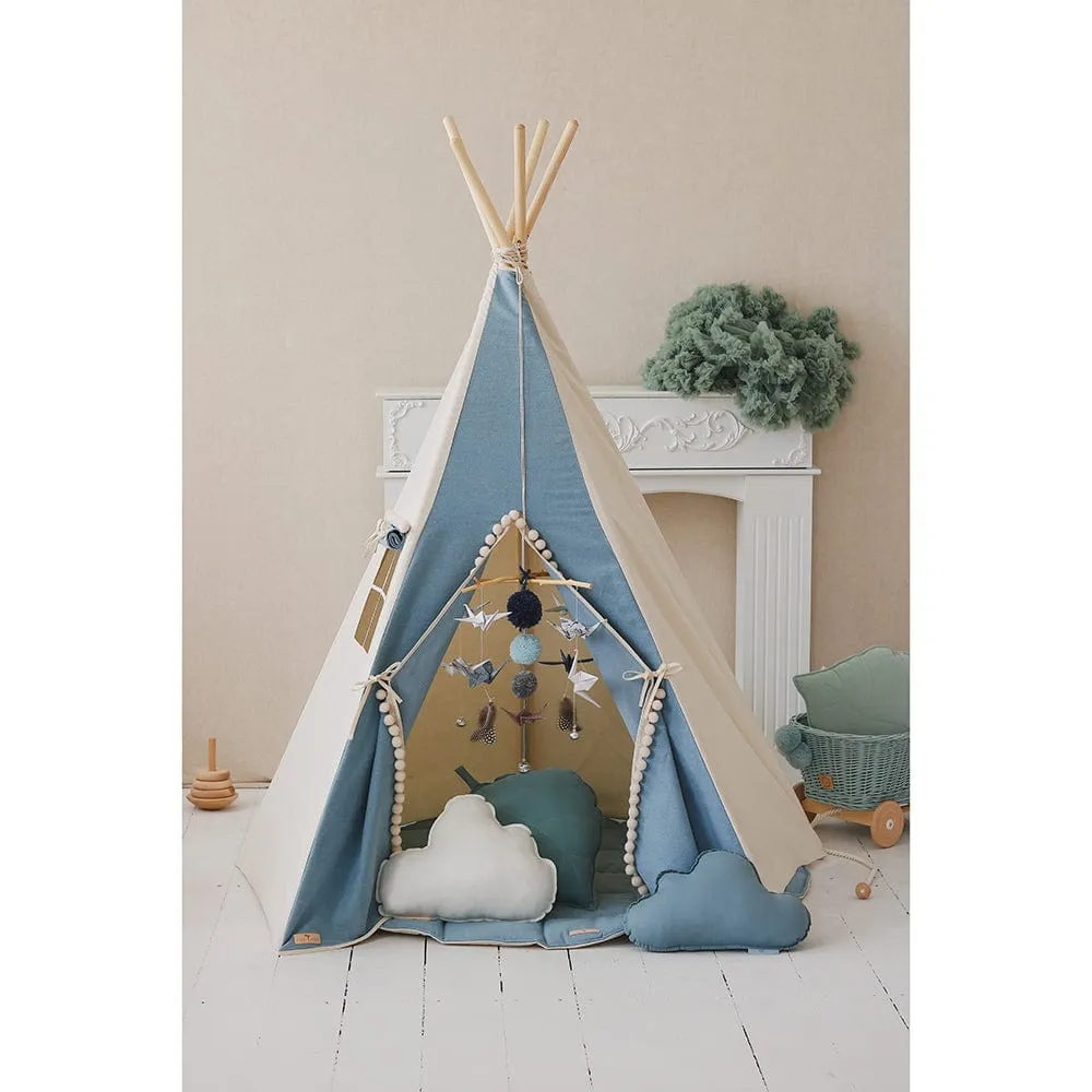 Jeans Teepee With Pompoms And Mat Set - Blue