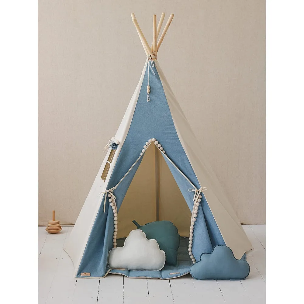 Jeans Teepee With Pompoms And Mat Set - Blue