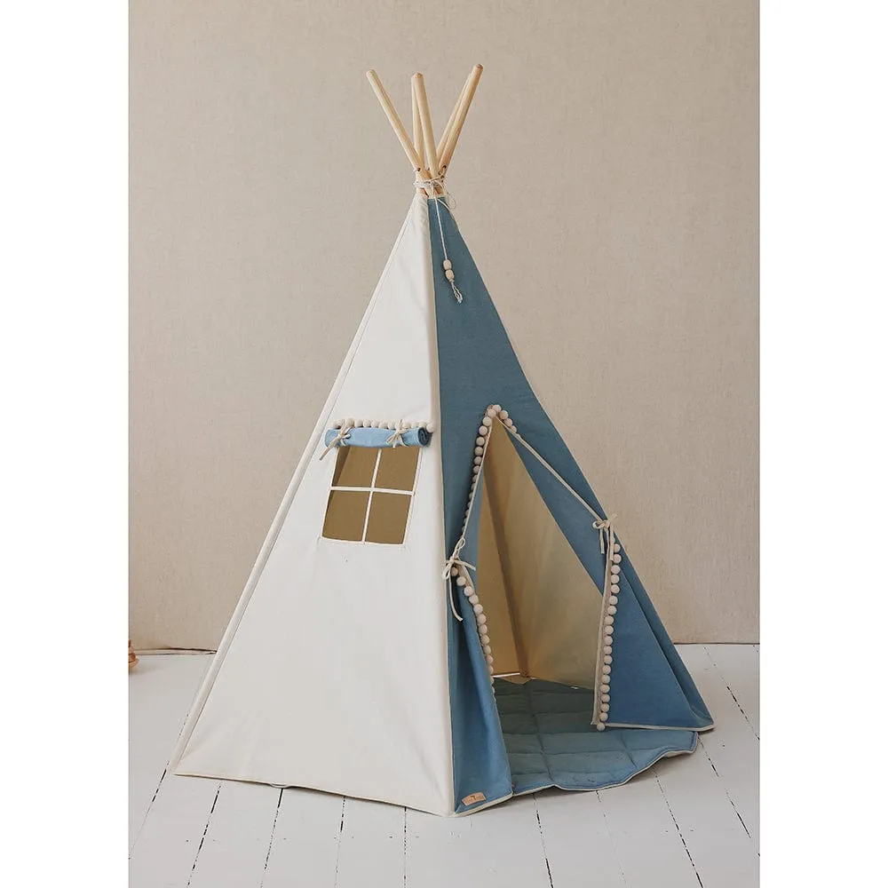 Jeans Teepee With Pompoms And Mat Set - Blue