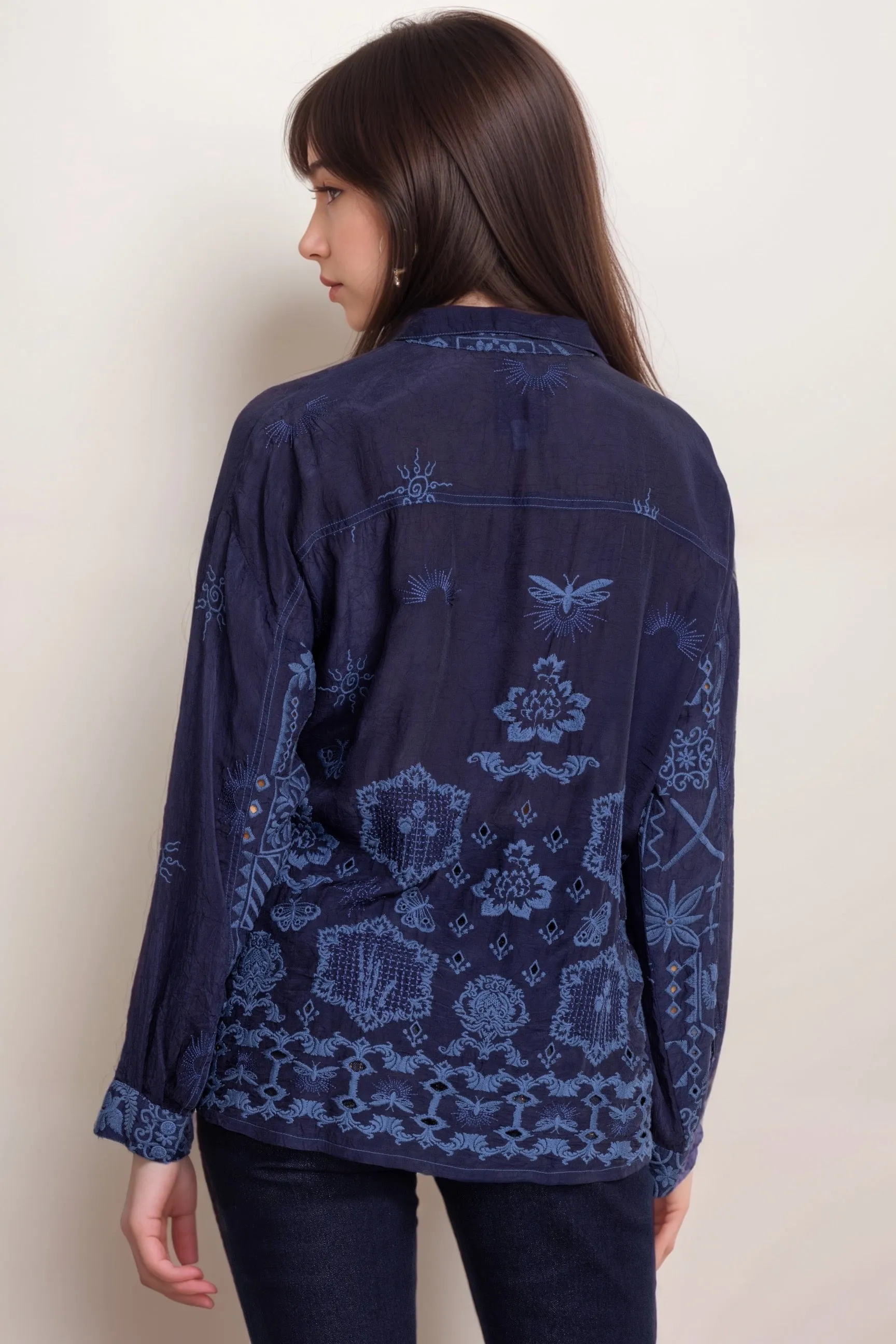 Johnny Was Navy Firefly Glow Slim Audrey Button Down Shirt C18824
