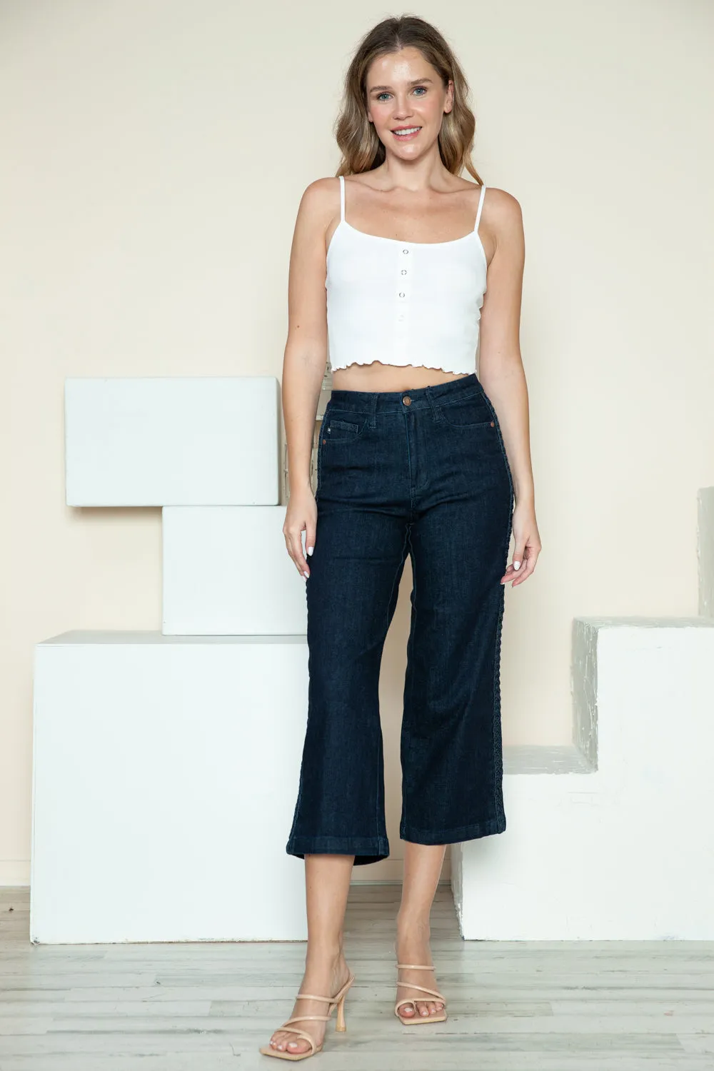 Judy Blue Full Size Side Seam Braid Detail Crop Wide Leg Jeans ONLINE EXCLUSIVE