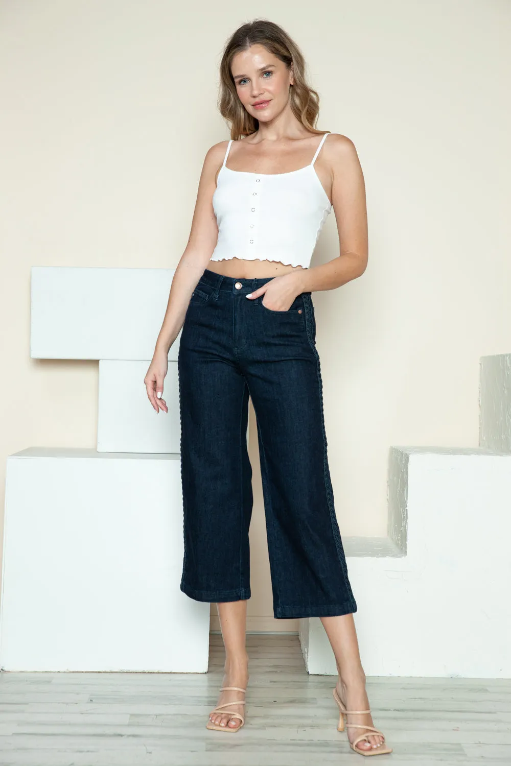 Judy Blue Full Size Side Seam Braid Detail Crop Wide Leg Jeans ONLINE EXCLUSIVE