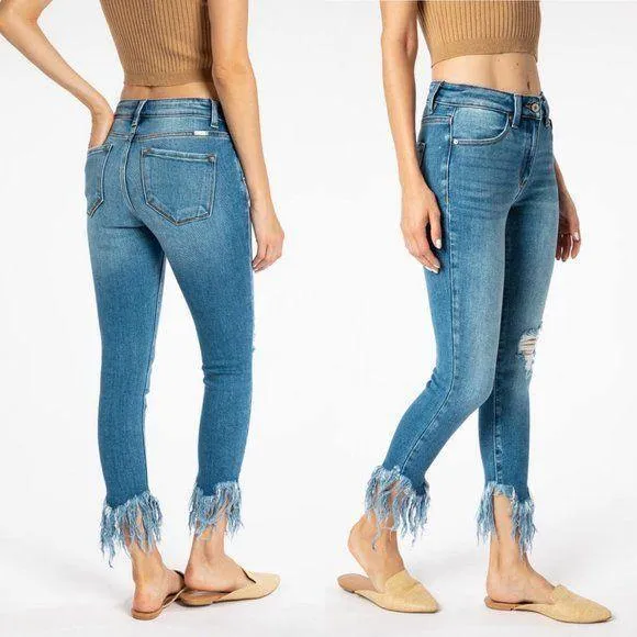 KANCAN Mid Rise Fringe Bottom Skinny Jeans KC9169M