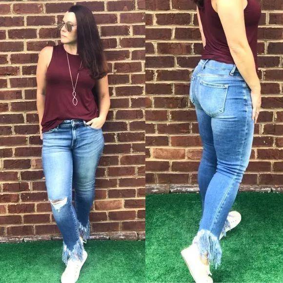 KANCAN Mid Rise Fringe Bottom Skinny Jeans KC9169M