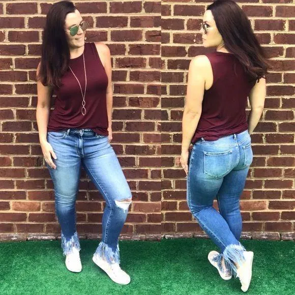 KANCAN Mid Rise Fringe Bottom Skinny Jeans KC9169M