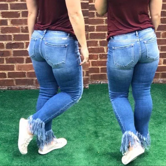 KANCAN Mid Rise Fringe Bottom Skinny Jeans KC9169M