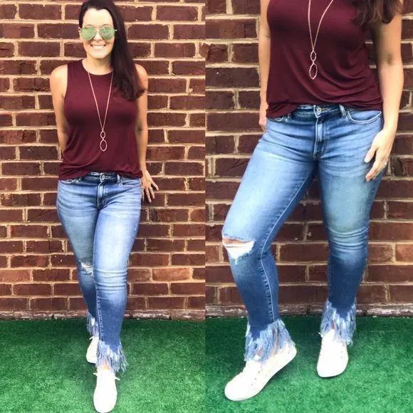 KANCAN Mid Rise Fringe Bottom Skinny Jeans KC9169M