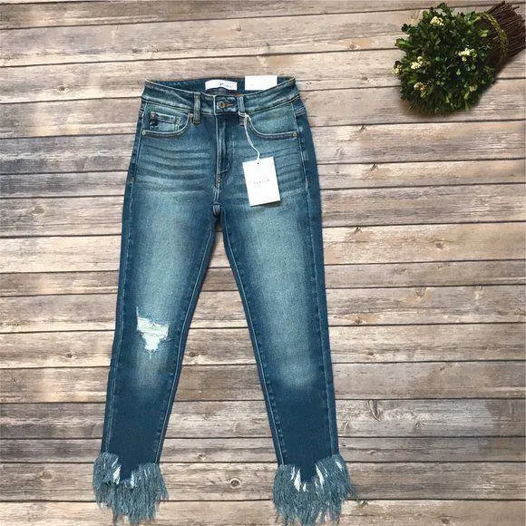 KANCAN Mid Rise Fringe Bottom Skinny Jeans KC9169M