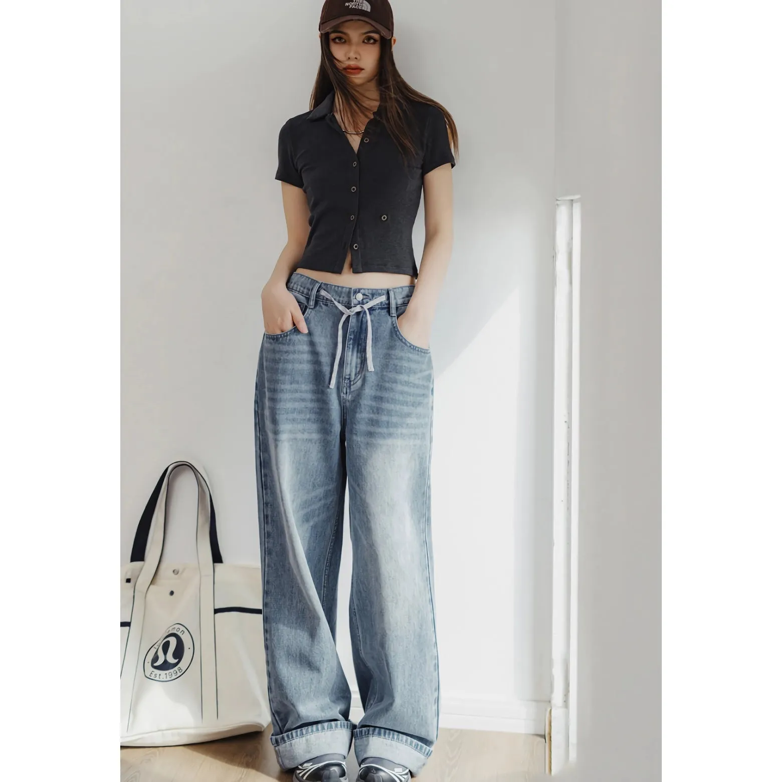 Light Blue Vintage Wide-Leg Jeans with Drawstring Waist for Women