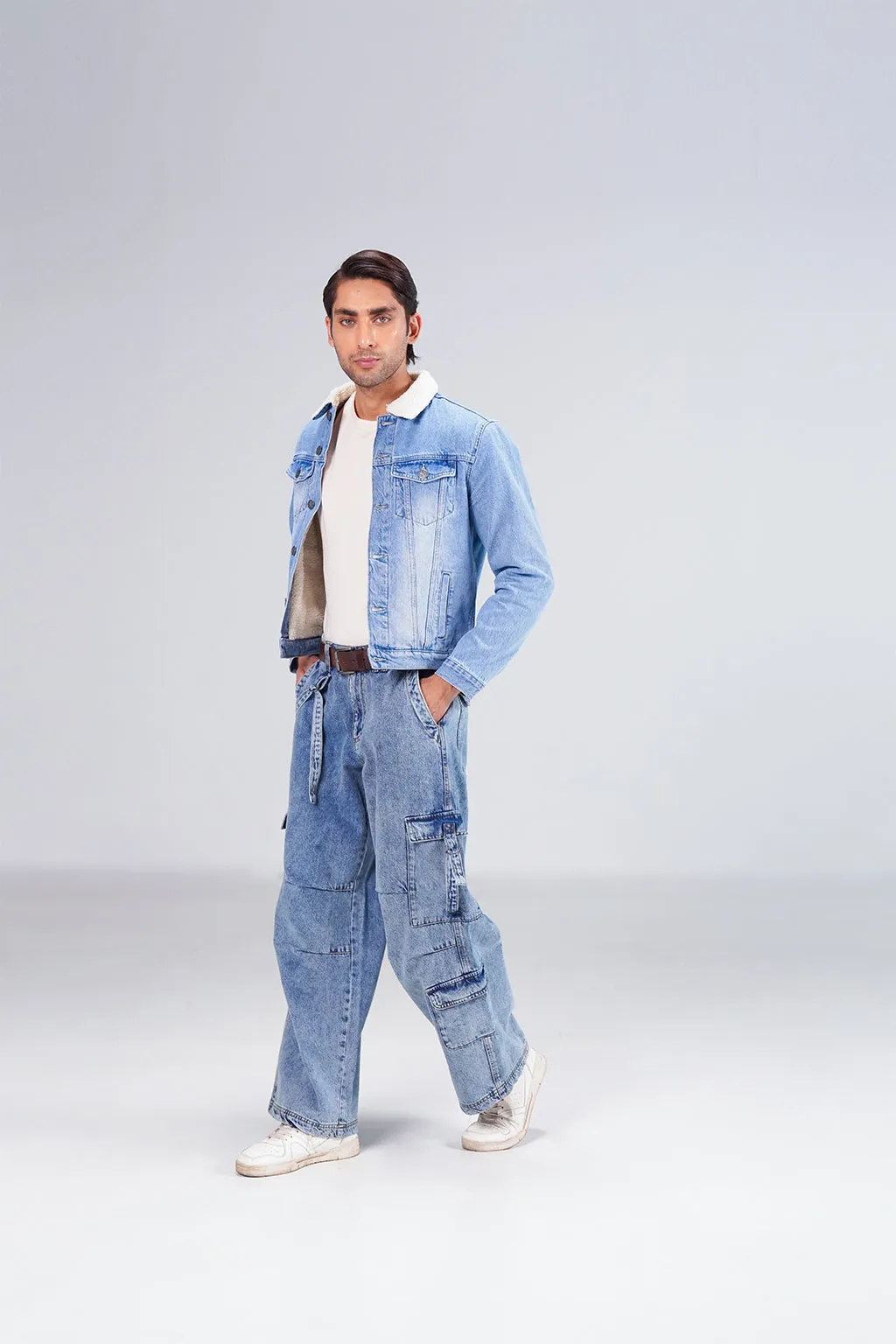 Light Denim Jacket With Sherpa
