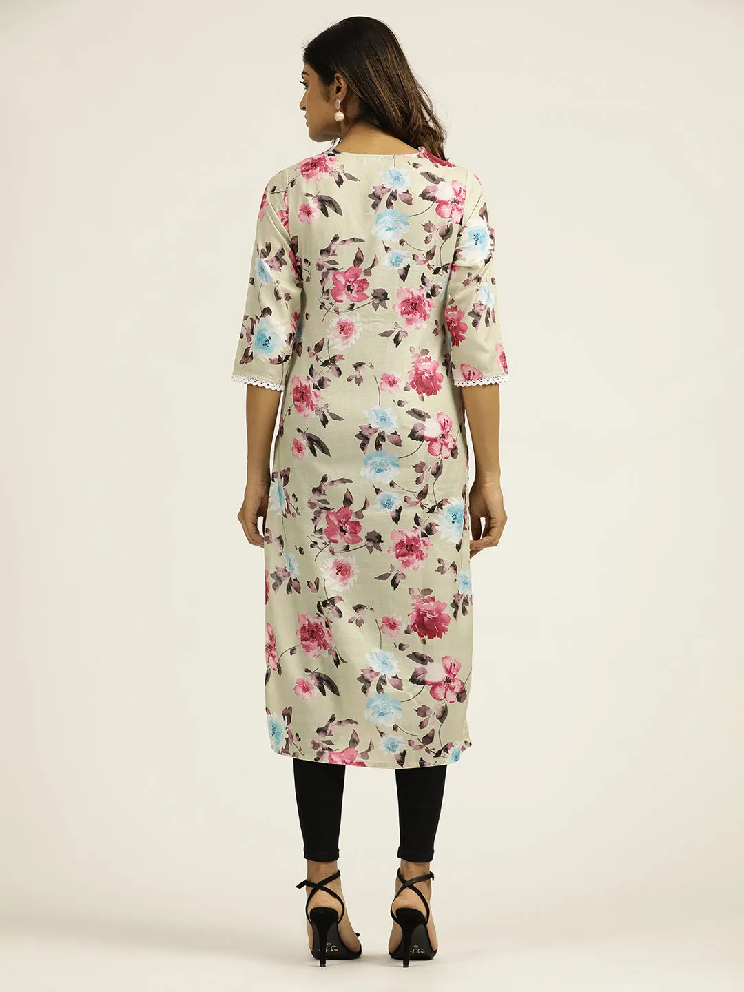 Light Green Floral Printed Straight Kurta