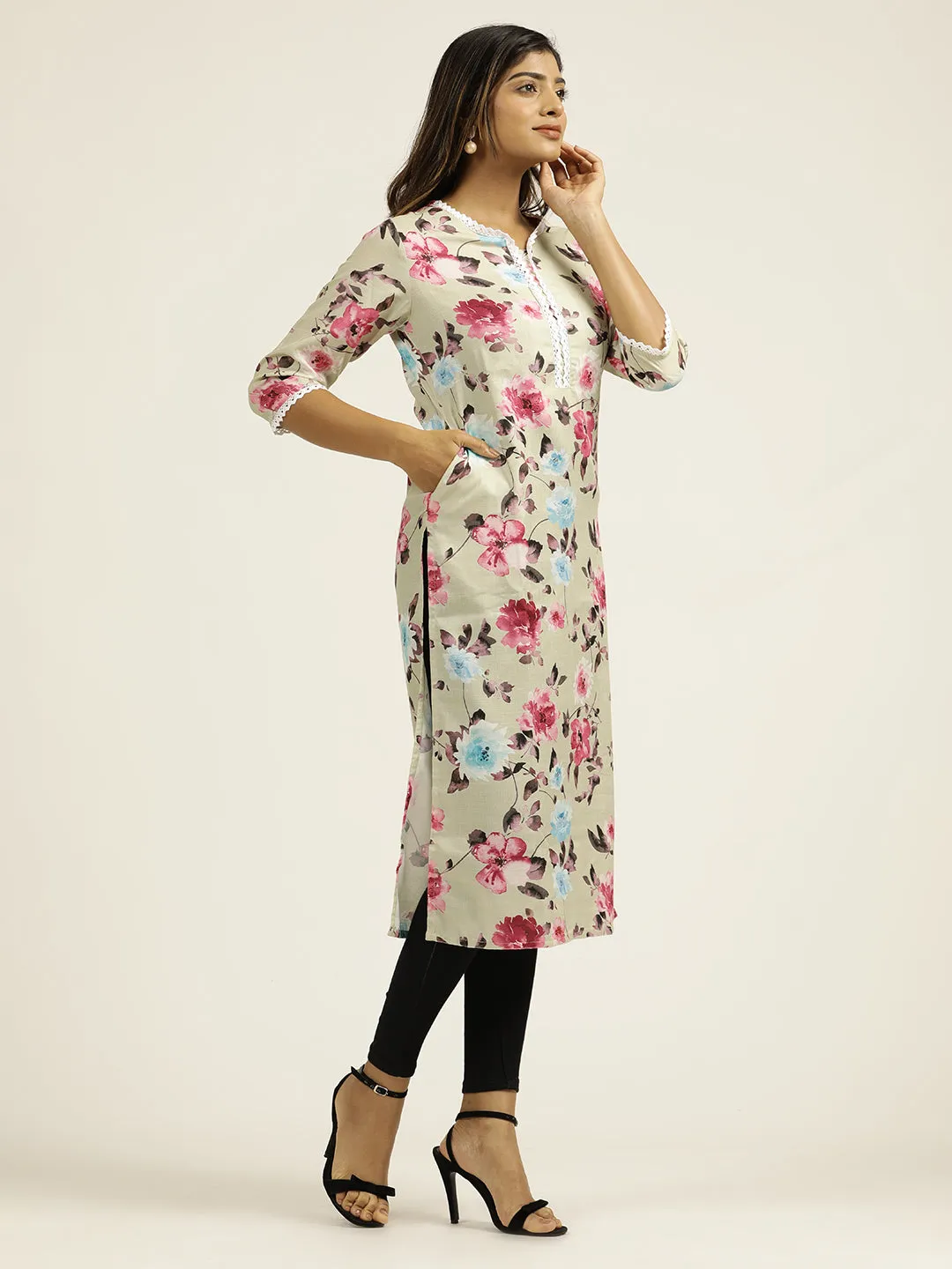 Light Green Floral Printed Straight Kurta