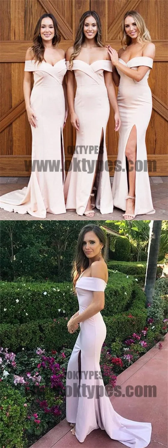 Light Pink Off-shoulder Side Split Satin Bridesmaid Dresses, Bridesmaid Dresses, TYP0588