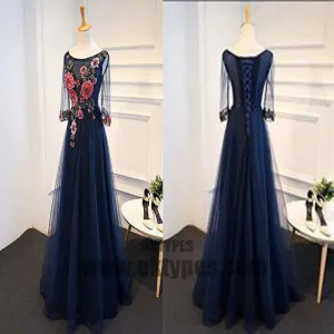 Long Floor Length Tulle Prom Dresses, Appliques Prom Dresses, Half Sleeve Prom Dresses, Lace Up Prom Dresses, TYP0314