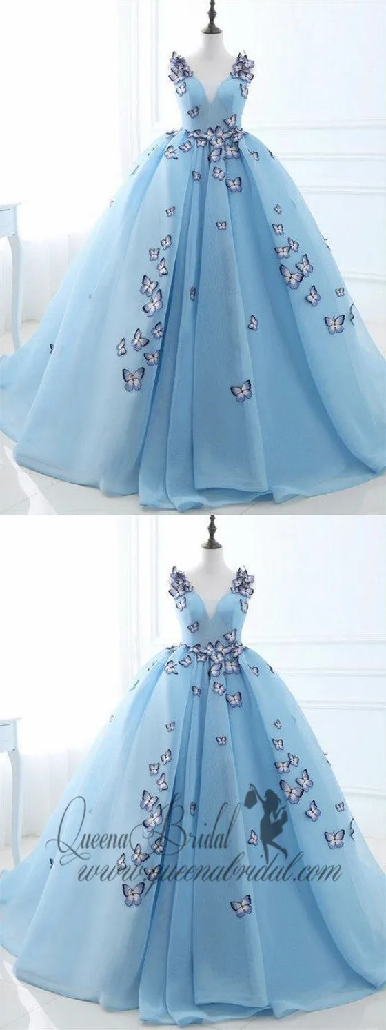 Long Sky Blue Prom Dresses Butterfly Applique Quinceanera Dresses, QB0315