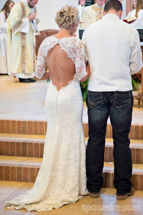 Long Sleeve Lace Open Back Mermaid Wedding Dresses, Long Custom Wedding Gowns,  17117