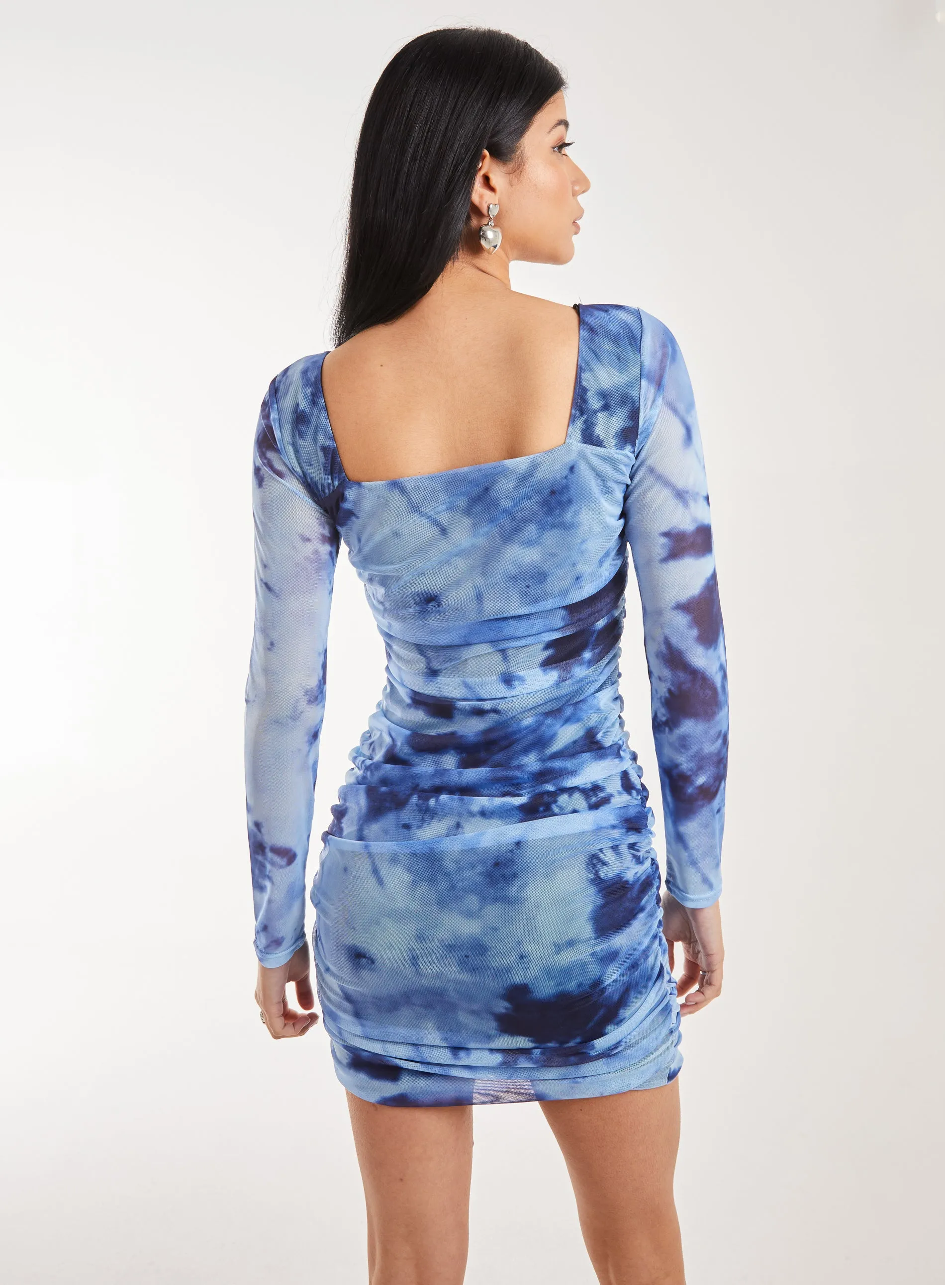 Long Sleeve Tie Dye Mesh Mini Dress