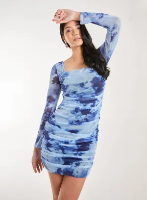 Long Sleeve Tie Dye Mesh Mini Dress