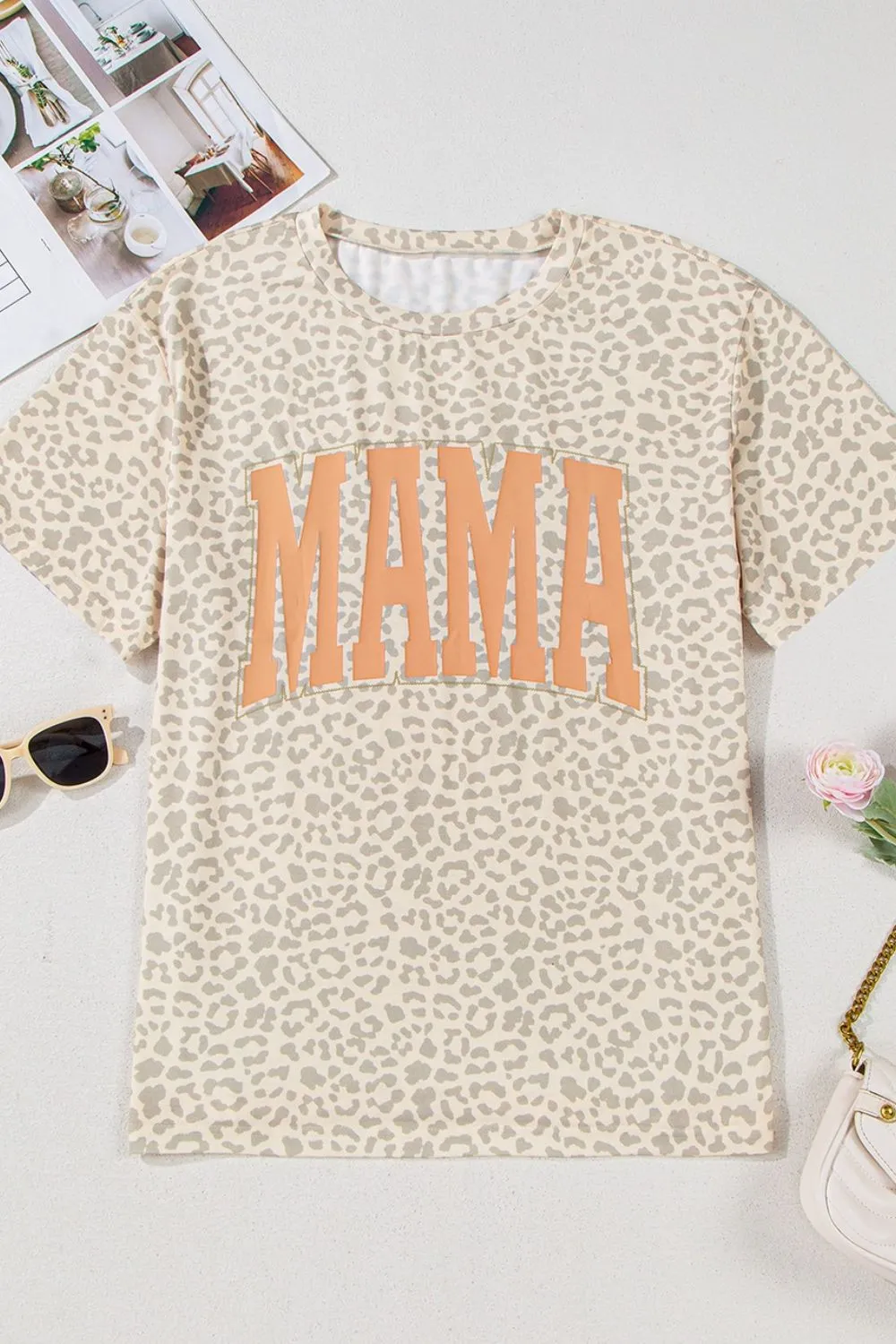 MAMA Letter Graphic Leopard Round Neck T-Shirt