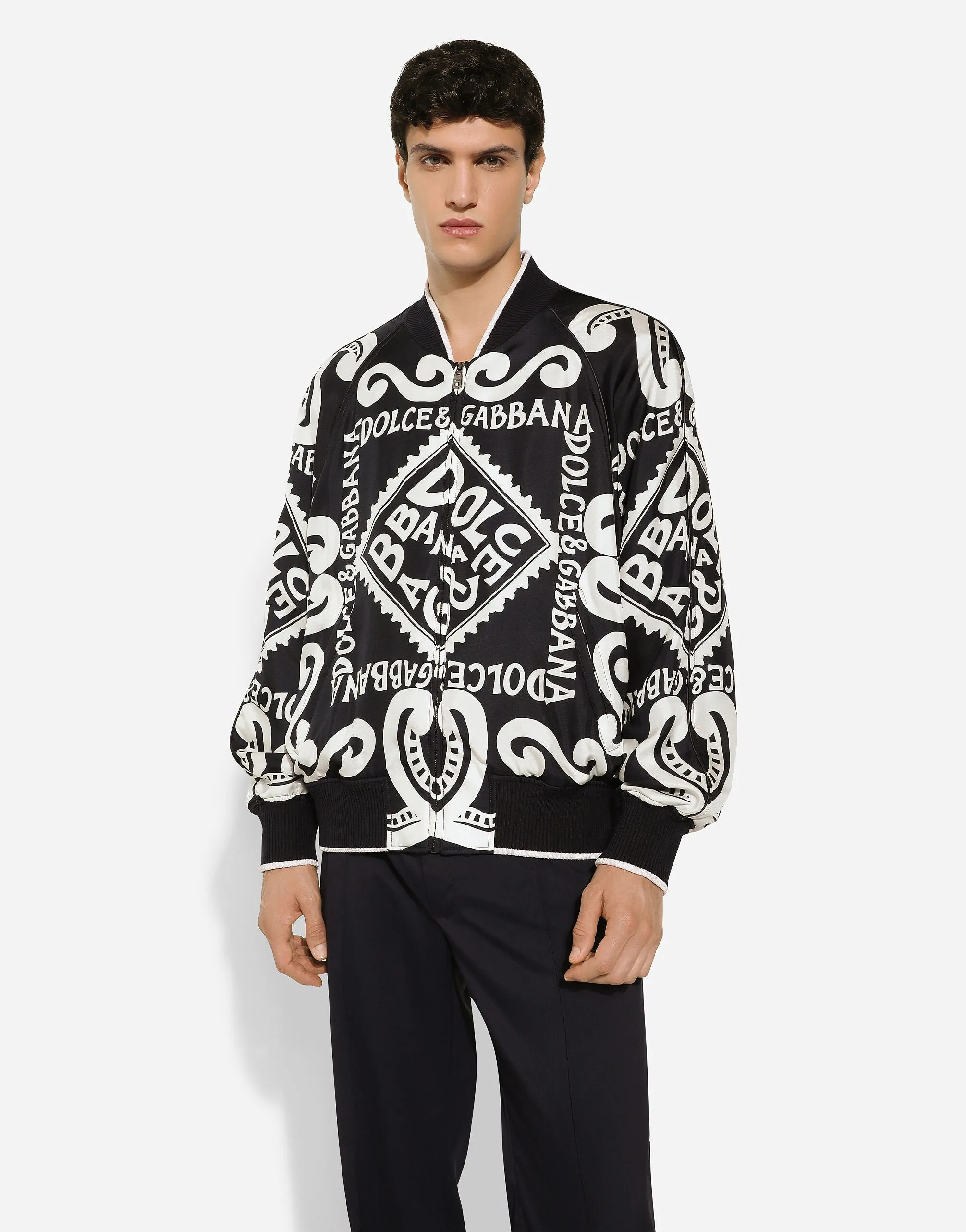 Marina-Print Silk Bomber Jacket