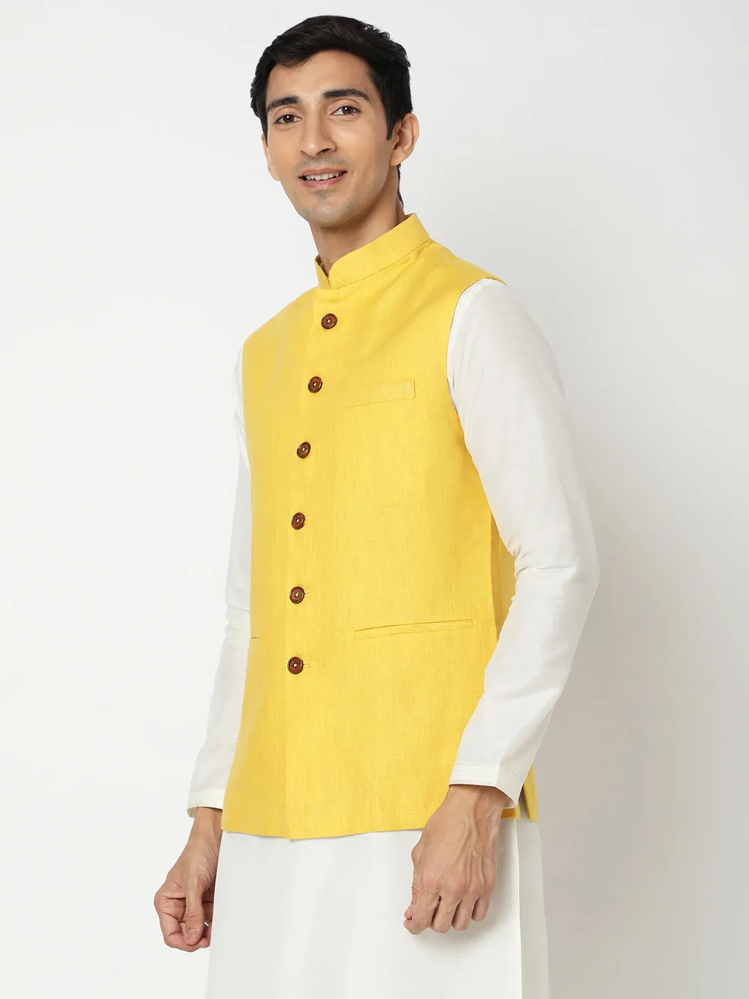 Matchles Men's Yellow Linen Solid Jackets