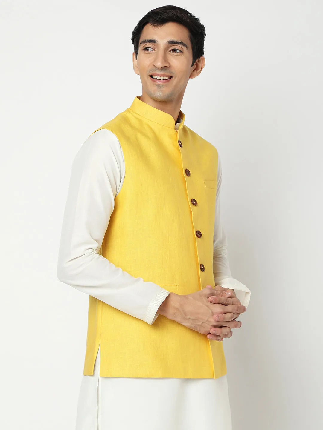 Matchles Men's Yellow Linen Solid Jackets