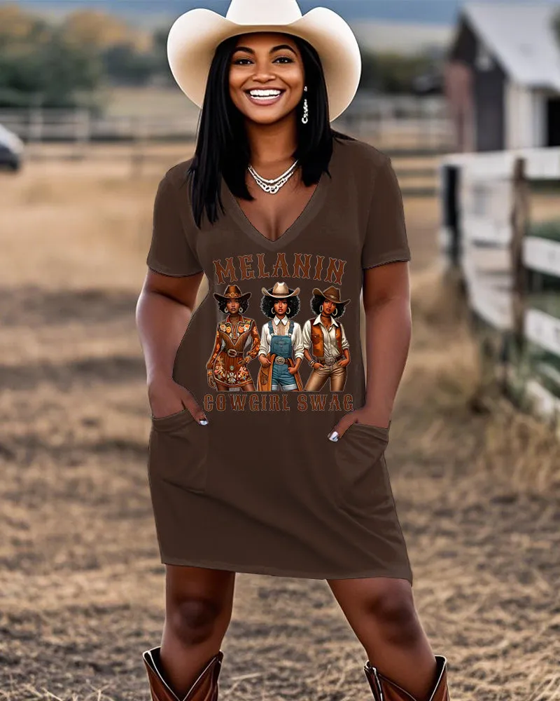 Melanin Cool Cowgirl Swag Casual V-neck Pocket Dress