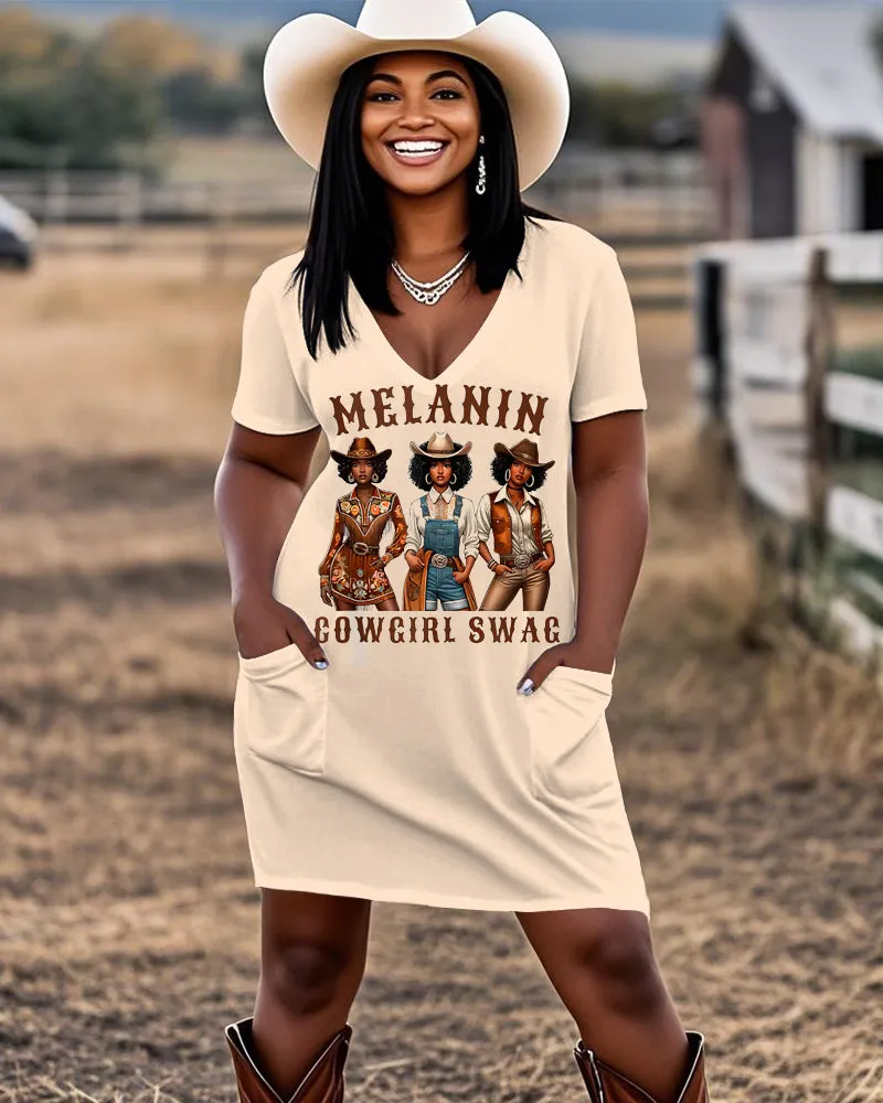Melanin Cool Cowgirl Swag Casual V-neck Pocket Dress