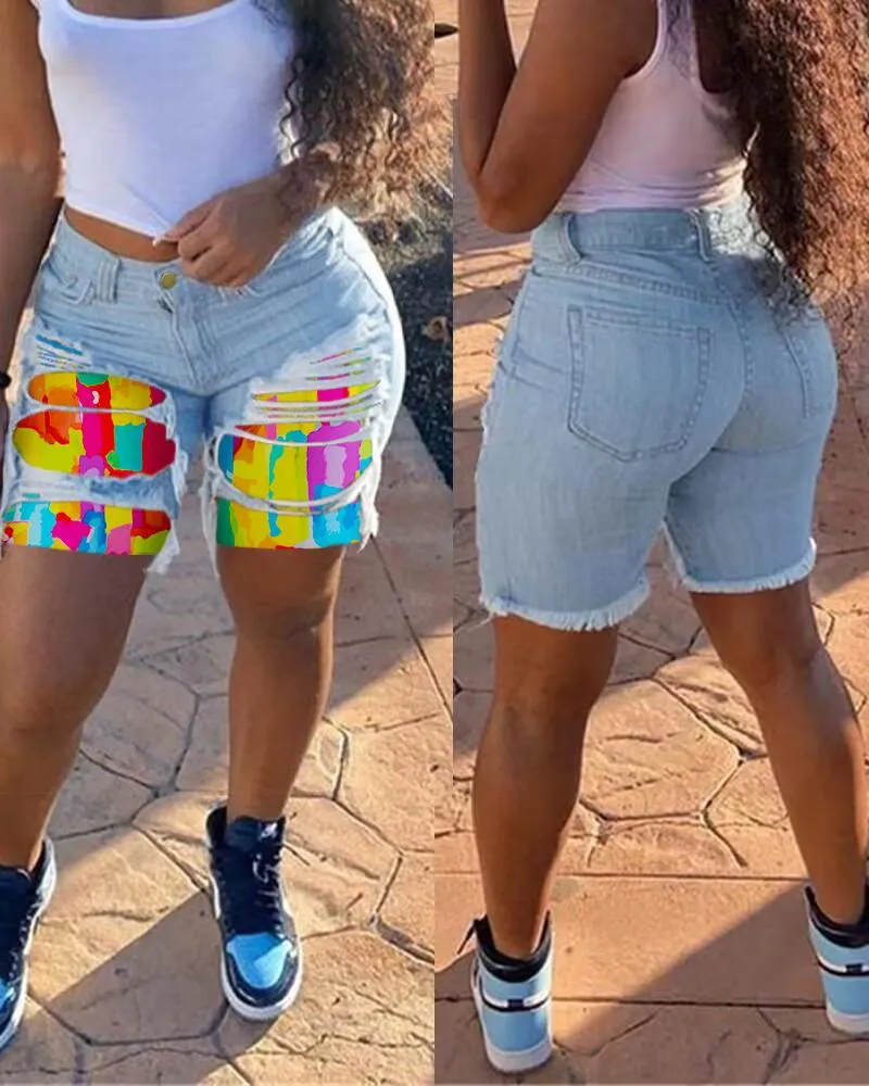 Melting Colors Print Colorblock Patchwork Denim Shorts