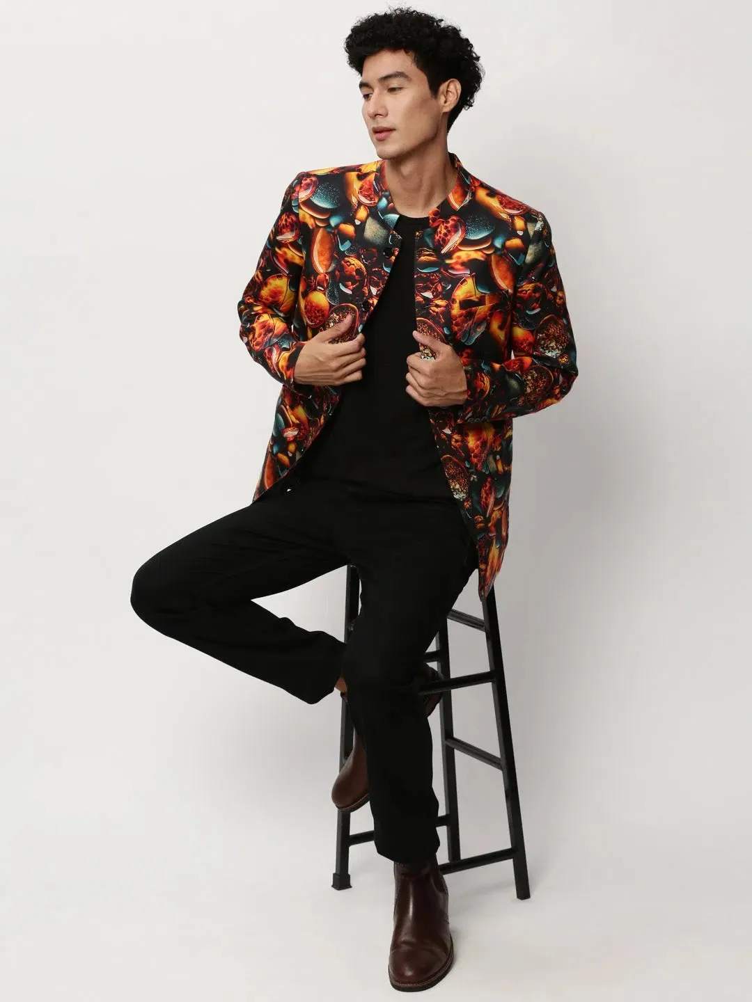 Men Orange Printed Casual Blazers-SOBLZ-083-5-Orange