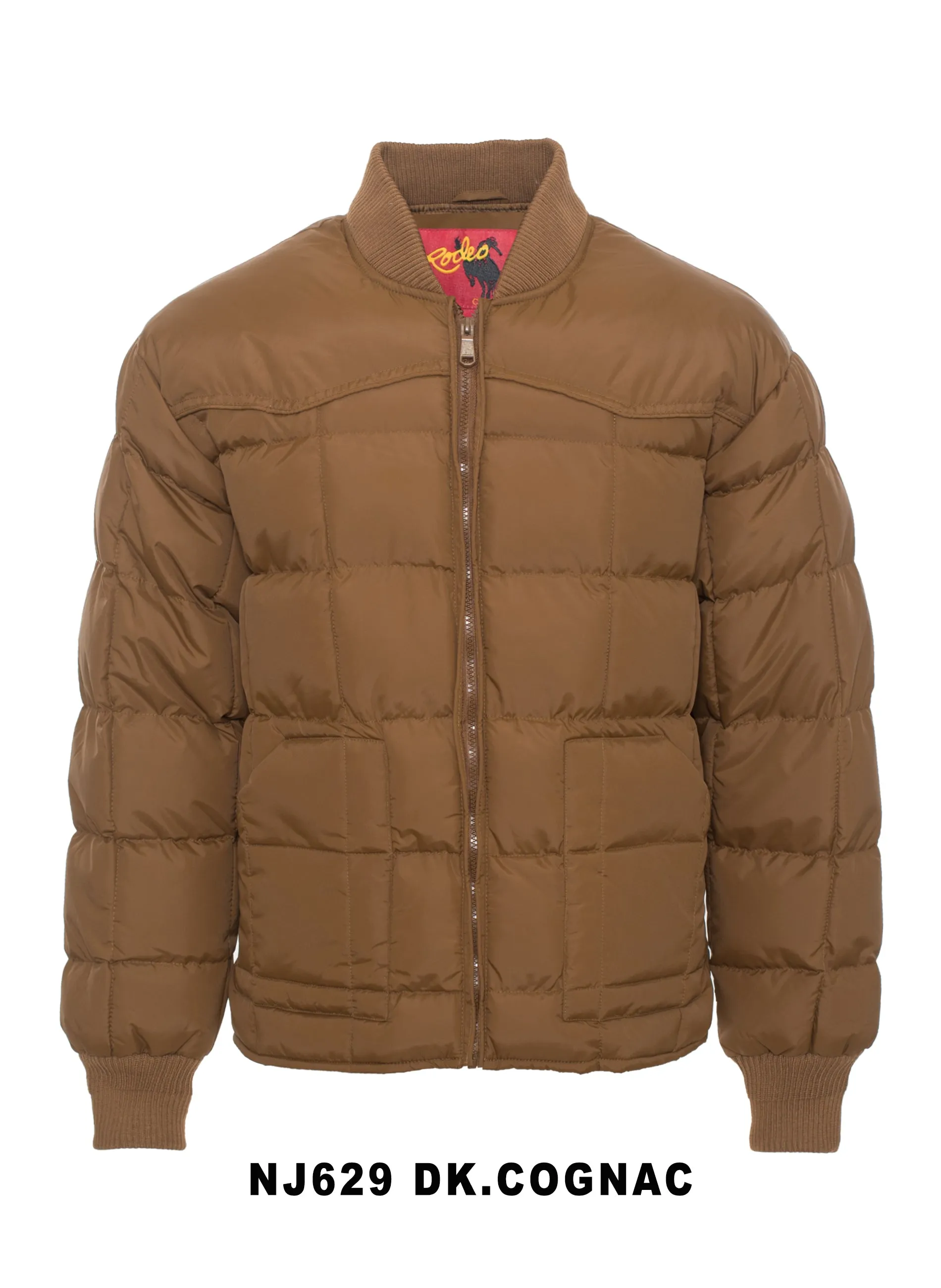 Men's Nylon Quilted Puffer Jacket with Embroidery-NJ629/EMB-Cognac