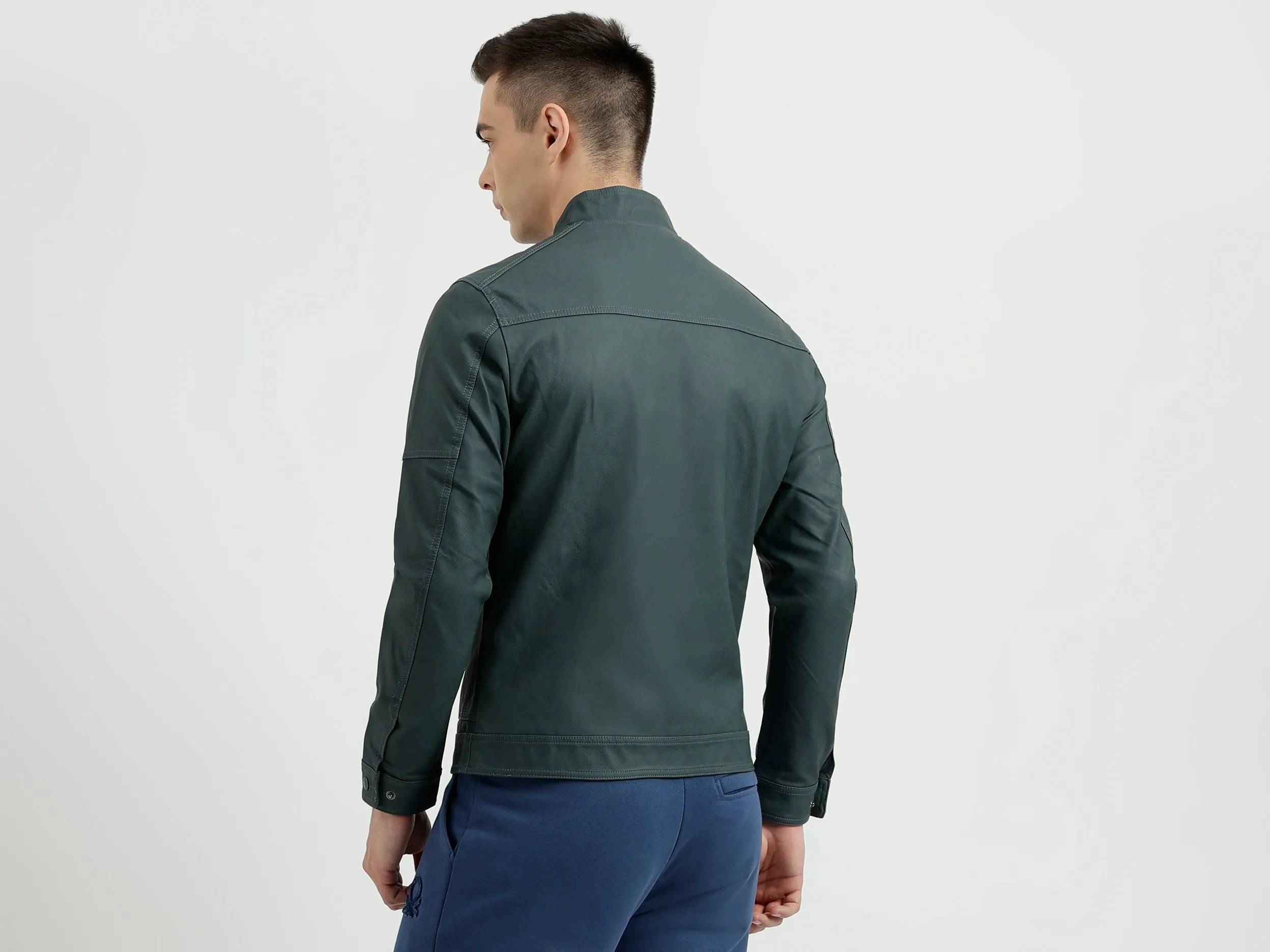 Men's Regular Fit Band Collar Textured Jacket