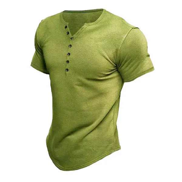 MEN'S SHORT SLEEVE SOLID COLOR BUTTON DOWN HENLEY