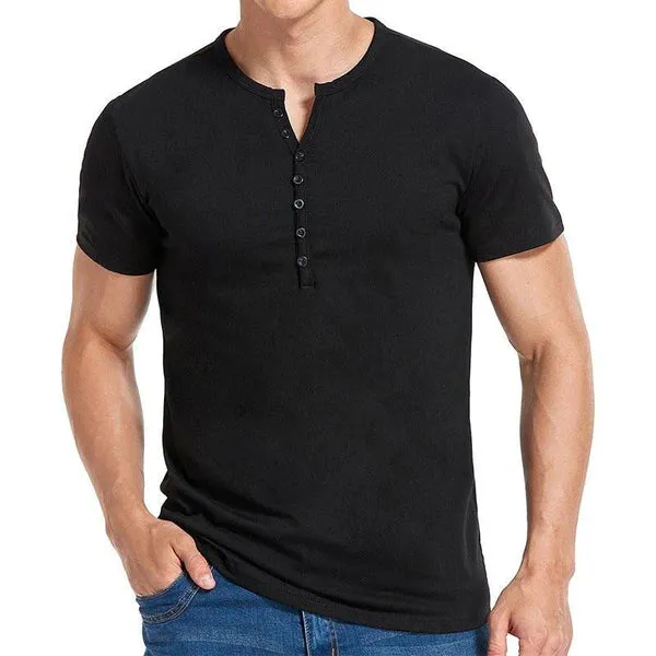 MEN'S SHORT SLEEVE SOLID COLOR BUTTON DOWN HENLEY