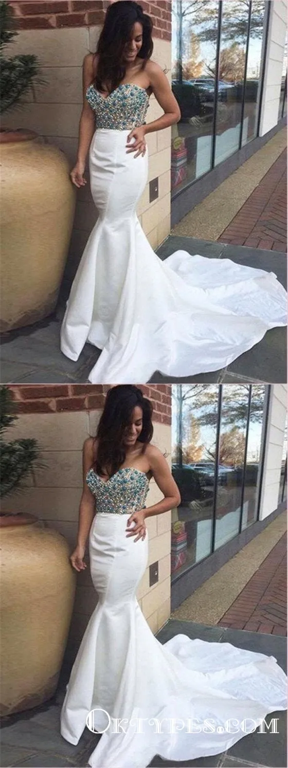 Mermaid Sweetheart Neck White Sweep Train Prom Dresses with Beading, TYP1864