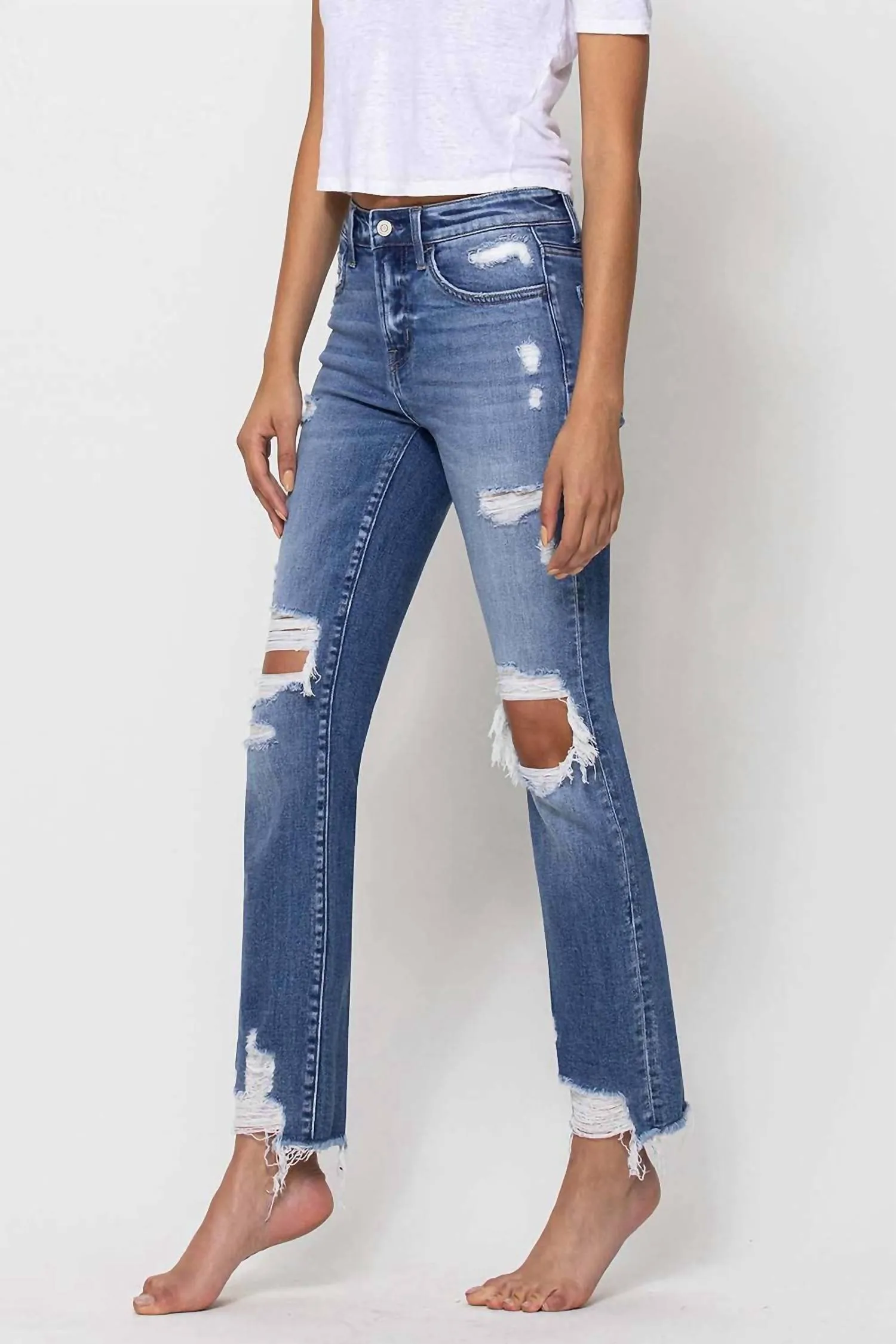 Mid-Rise Destroyed Straight Leg Jean In Medium Wash