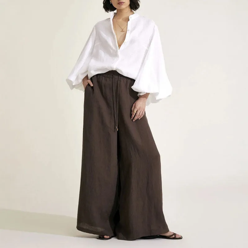 MONDO CORSINI Maia Linen Blouse with Blouson Sleeves in White