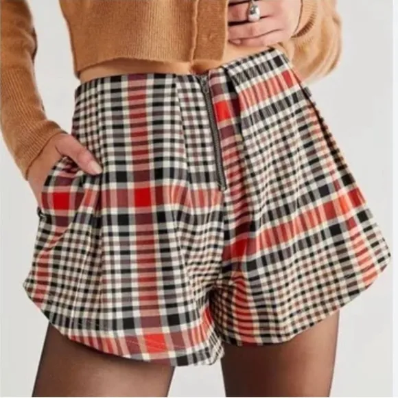 NEW FREE PEOPLE Camel Beige Plaid Shorts 4