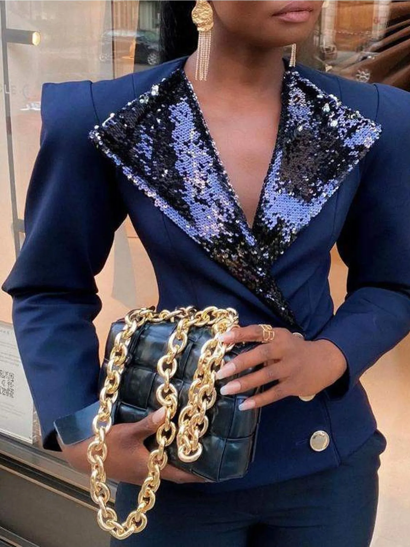 NEW Long Sleeve Buttoned Sequins Blazer Coat Women's Suits & Blazers Sequin Suit Office Clothes For Women Fashion Wide Shoulder Lapel Casual