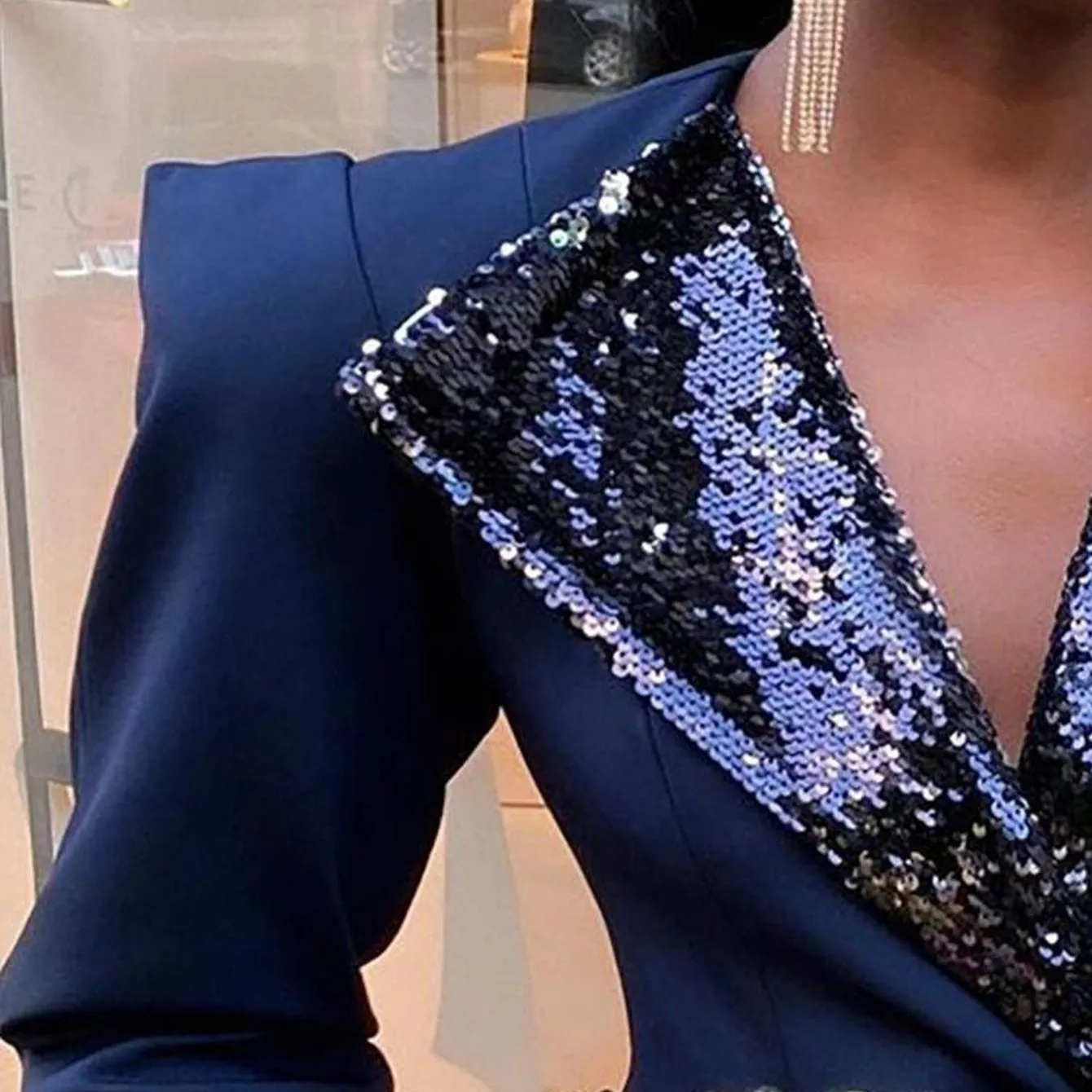 NEW Long Sleeve Buttoned Sequins Blazer Coat Women's Suits & Blazers Sequin Suit Office Clothes For Women Fashion Wide Shoulder Lapel Casual