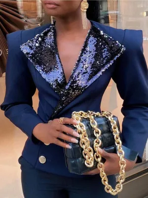 NEW Long Sleeve Buttoned Sequins Blazer Coat Women's Suits & Blazers Sequin Suit Office Clothes For Women Fashion Wide Shoulder Lapel Casual