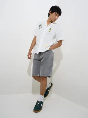 Nuon Grey Relaxed-Fit Mid-Rise Denim Shorts
